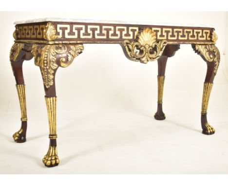 A William Kent 18th century inspired gilt wood &amp; marble top hall console table. The table having a chamfered edged rectan