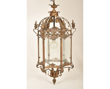 A French Continental 19th century wrought / cast iron &amp; glass farmhouse lantern ceiling light. The light having a ring ho