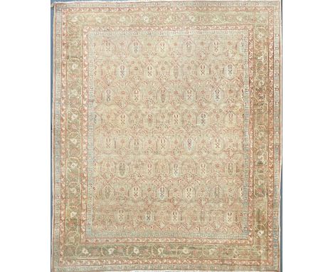 A large early 20th century Turkish Islamic fine wool &amp; vegetable dye floor carpet rug. The rug having a central panel dec