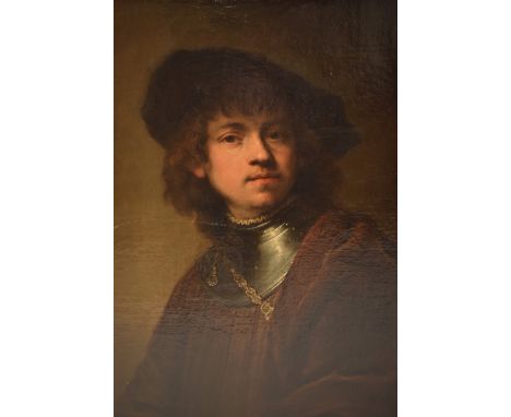 After Rembrandt&nbsp;van Rijn's (Dutch, 1606-1669) - A 19th century oleograph on canvas painting of Rembrandt ' Self Portrait