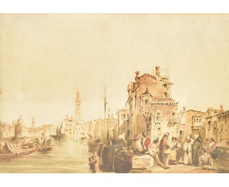 Edward Pritchett (British, 1828-1864) - A Side Canal, Venice with Figures - a 19th century watercolour on paper painting. Uns