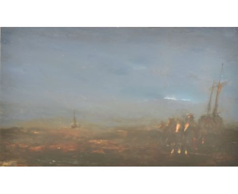Anthony Amos (British, 1950-2010) - An original 20th century oil on board maritime seascape painting depicting moored ships i