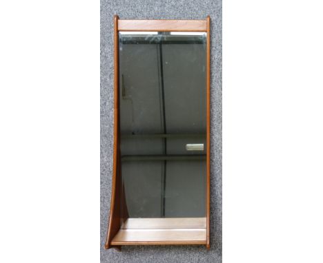 Mid-century Danish teak framed wall mirror with shelf below and rectangular bevelled glass plate, by Pedersen and Hansen, sta