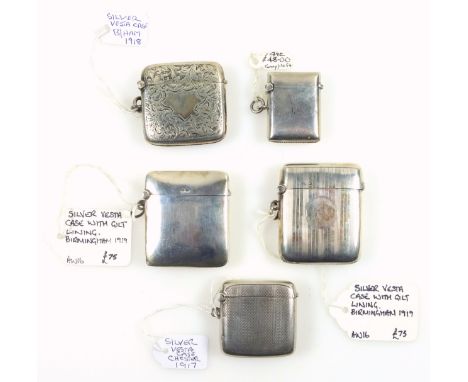 Silver vesta case with engine turned decoration, by C &amp; C, Chester, 1917, H.4cm, and 4 other vestas, 1918-20, gross 139gr