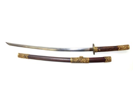 Japanese Samurai sword with a 70.5cm curved blade with a stained wood hilt in a stained wood scabbard with gilt metal mounts.