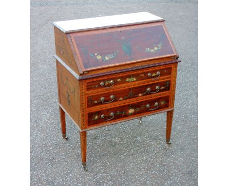 Edwardian crossbanded mahogany bureau with painted urn and floral decoration, the fall front disclosing pen tray and 3 drawer