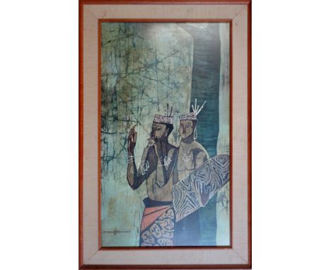 Seah Kim Joo (b.1939) 'Dyak Musicians', giclee print, signed, framed, 83 x 47.5, and Figures and Rickshaws, Singapore, Batik,