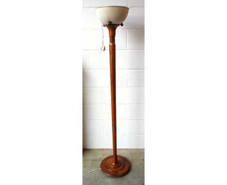 Walnut lamp standard with a white finish circular uplighter shade with 3 bulb holders below, on a circular base, H.178cm, (ad
