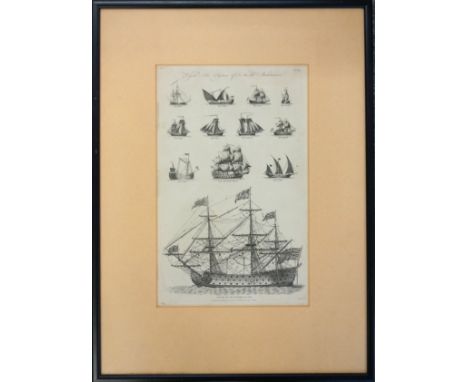 19th century engraving, "Vessels - See System of Naval Architecture", depicting the side profiles of various sea-faring vesse