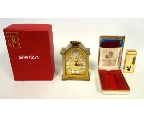 Swiza brass bracket style alarm mantel clock, arched case, engraved dial with Tempus Fugit cartouche, silvered chapter ring, 