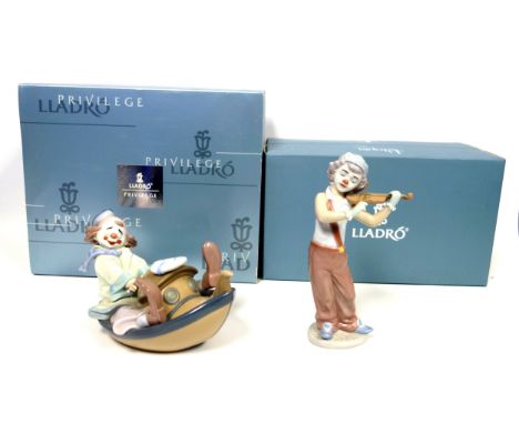 Lladro Privilege figure "Circus Wave", No.8137, depicting a clown riding on a boat, W.23cm; and "Bohemian Melodies", No.8239,