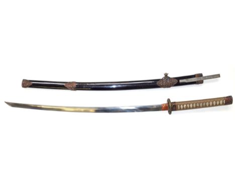 Japanese Samurai sword with a 73.5cm curved blade and a silk bound fish skin hilt, in a black lacquered scabbard with a steel