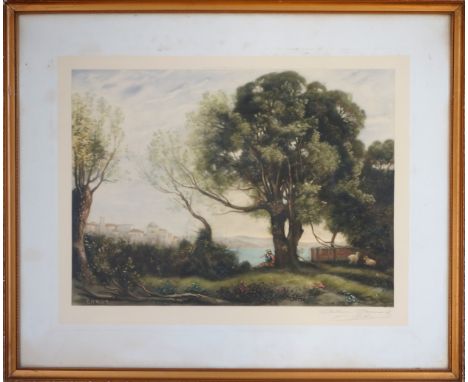 Antoine Gaymard, after Camille Jean-Baptiste Corot, Shepherd resting under a tree, engraving in colours, signed in pencil in 