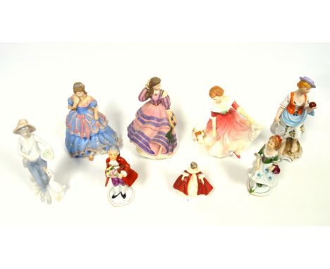 Two Spink Wedgwood porcelain figures, "Imperial Banquet", H.19.5cm, and "Picnic at Balmoral", H.19.5cm; 2 Royal Doulton bone 