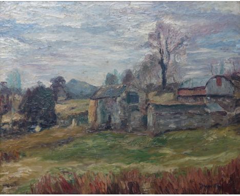 Ronald Ossory Dunlop (1894-1973), Welsh Landscape, oil on canvas, signed, 53.5 x 66.5cm, (patch repair 4 x 4cm); and a harbou