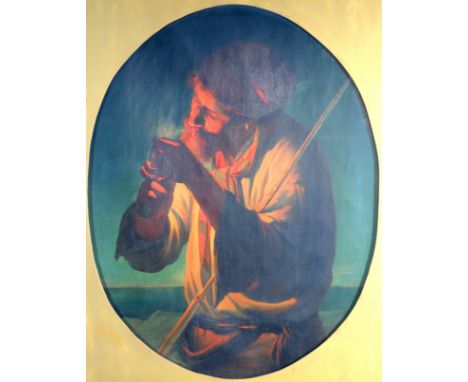Flemish School, 19th century, Fisherman lighting his pipe, oil on canvas, signed with initials "ACM" on the reverse, oval, 59
