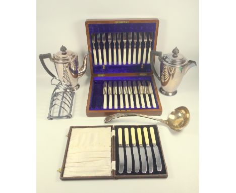 Art Deco silver plated coffee pot and hot milk jug, by Mappin &amp; Webb, H 20cm, 6 division toast rack, King’s pattern soup 