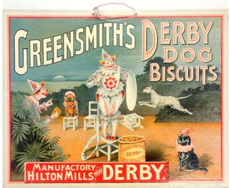 "Greensmith's Derby Dog Biscuits" advertisement board with hanging cord, depicting circus clowns training dogs, by R. Allen &