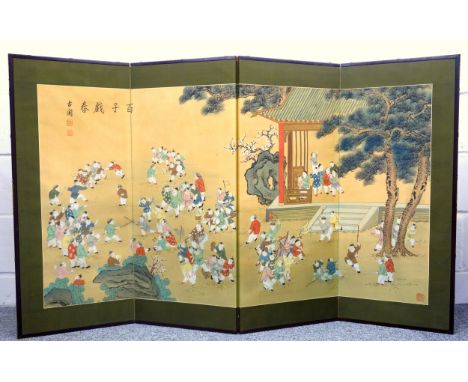 20th century Chinese painted silk four fold dividing screen, depicting 100 children playing in front of a pavilion, with call