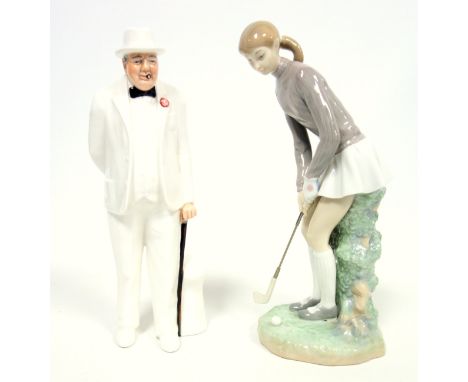 Royal Doulton figure "Sir Winston Churchill", HN 3057, H.26.5cm; Lladro figure of a woman playing golf, No.4851, H.27.5cm; Na