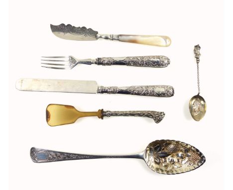 George III silver berry spoon with a later embossed gilt bowl, by William Bateman, London, 1816; Late Victorian dessert knife