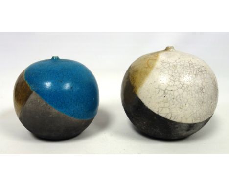 Studio pottery Raku style globe vase with 2 overlapping glazes on a basalt ground, one crackle and the other mottled, and pot