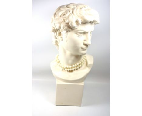 Large ceramic bust of Michelangelo's David, on a square plinth, H.58cm 