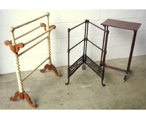 Edwardian Chinese Chippendale mahogany finish folding double towel rail on splayed feet, H.77cm; quartetto table, W.45.5cm; a