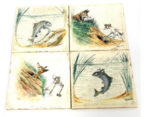 2 Richards ceramic tiles, each painted with a comical and and dog, by Tickner, and 2 similar tiles with fish, 15.3 x 15.3cm. 