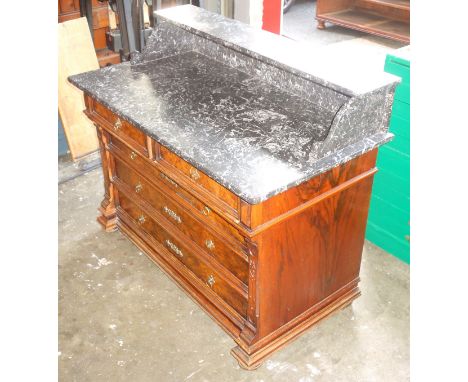 19th century German walnut washstand with a black and white veined marble top with shelf above, 2 short, 3 graduated long dra