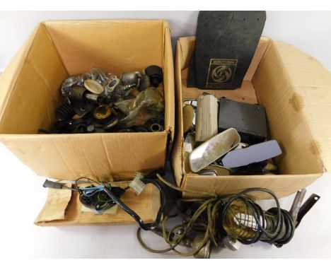 Sundry engine and dashboard parts, together with two mechanic's lights, (2 boxes).