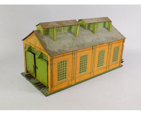 A Hornby 0 gauge tin plate engine shed, No 2.