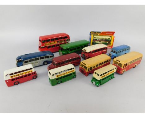 A Tri-ang Routemaster Red Double Decker Bus, three Dinky buses, die cast, advertising Dunlop Tyres, Tri-ang Minic Greenline S