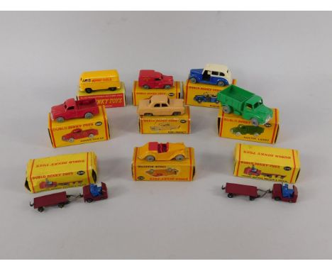 Dinky die cast vehicles, comprising Austin Taxi 067, Singer Roadster 062, Royal Mail Van 068, Morris Pick-Up, Volkswagen Deli