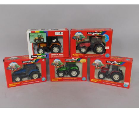 Five Britains die cast models of tractors, scale 1:32, comprising a Massey Ferguson MF6180 tractor, New Holland 8560 tractor,