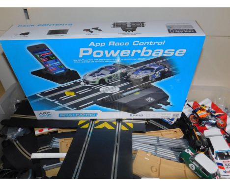 A Scalextric APP Race Control Power Base, bluetooth smart, boxed, various Scalextric cars and motorbikes, track, etc, (qty).