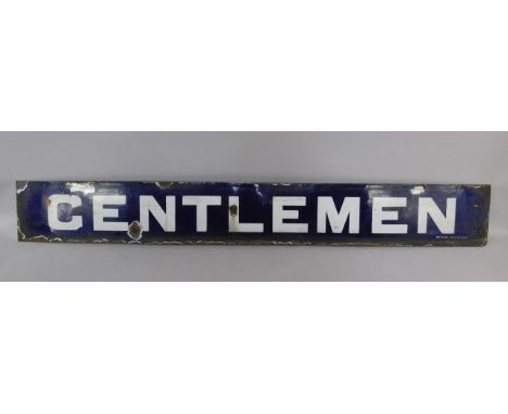 A white and blue enamel railway sign Gentleman, W.Hampton, in a wooden frame, formerly at the station at Pode Hole, 143cm lon