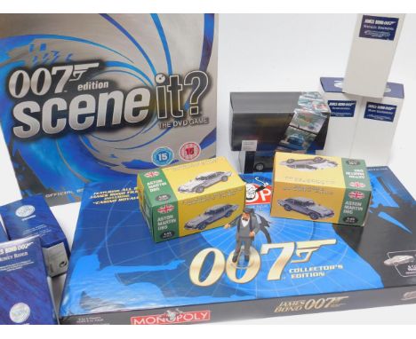 Corgi 007 Icon Figures, two Atlas 00 die cast vehicles, further items, a Monopoly Game, and a Scene It DVD Game, 007 Edition,