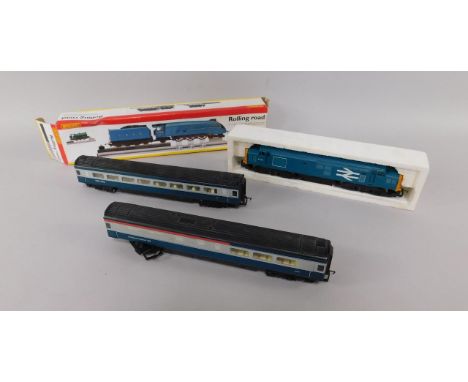 A Hornby 00 Diesel Electric British Rail Engine, two British Rail Coaches, and a Rolling Road, boxed, (4).