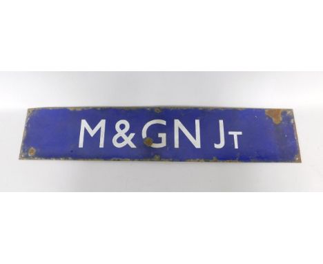 A Midland and Great Northern Junction blue and white enamel railway sign, previously at the station at Pode Hole, 74.5cm long