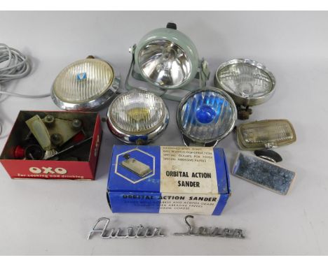 Lucas and other car headlights, side lights, a Dorman diesel DDL chrome and enamel plate, and an Orbital Actions sander, (qty