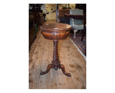 A Victorian rosewood teapoy, lacks interior, on a rope twist column and tripod base, 39 cm diameter Condition report Top loos