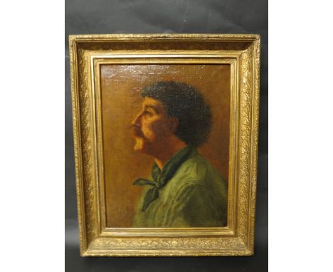 An oil on canvas side profile portrait of a gentleman, wearing cravat, rich sepia tone  background, artists mark indistinct l