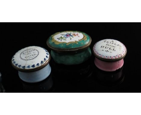 Three South Staffordshire enamel patch boxes (one with mirror) inscribed "A Trifle from Hull, Esteem in the Giver" (sky blue 