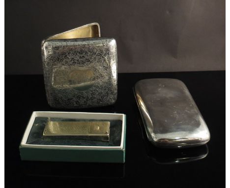 A Kingsway boxed lighter, silver engraved cigarette box and silver cigar case (dented)