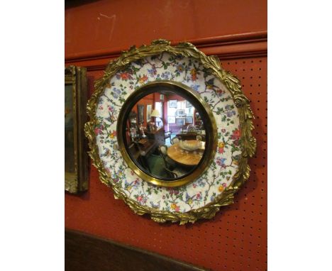 A Burleigh ware Burgess & Ceigh Ltd ceramic and ormolu mirror with transfer floral and bird border, 48cm diameter 