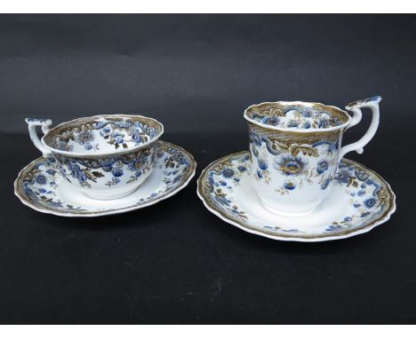 Two Spode tea cups and saucers, blue and brown borders foliate decoration, pattern No, 4747 (4) 