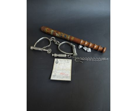 A special constable truncheon from the first world war dated 1914 - 1918 with original cuff links and whistle and buttons
