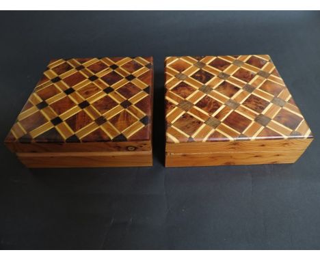 A pair of walnut playing-card boxes, inlaid lattice work design to the lids 13.5x13.5x4.5cm deep