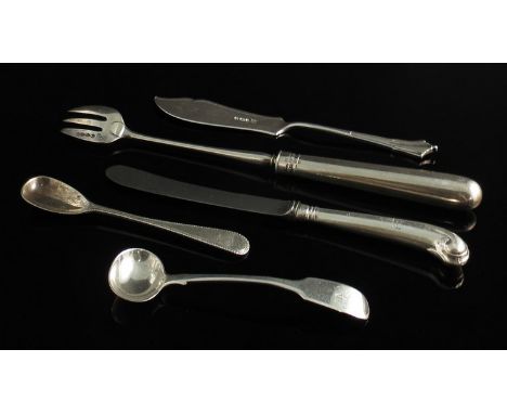 A quantity of silver flatware including salt spoons, teaspoons, pistol grip butter knives, pickle fork etc 290g, and plated w